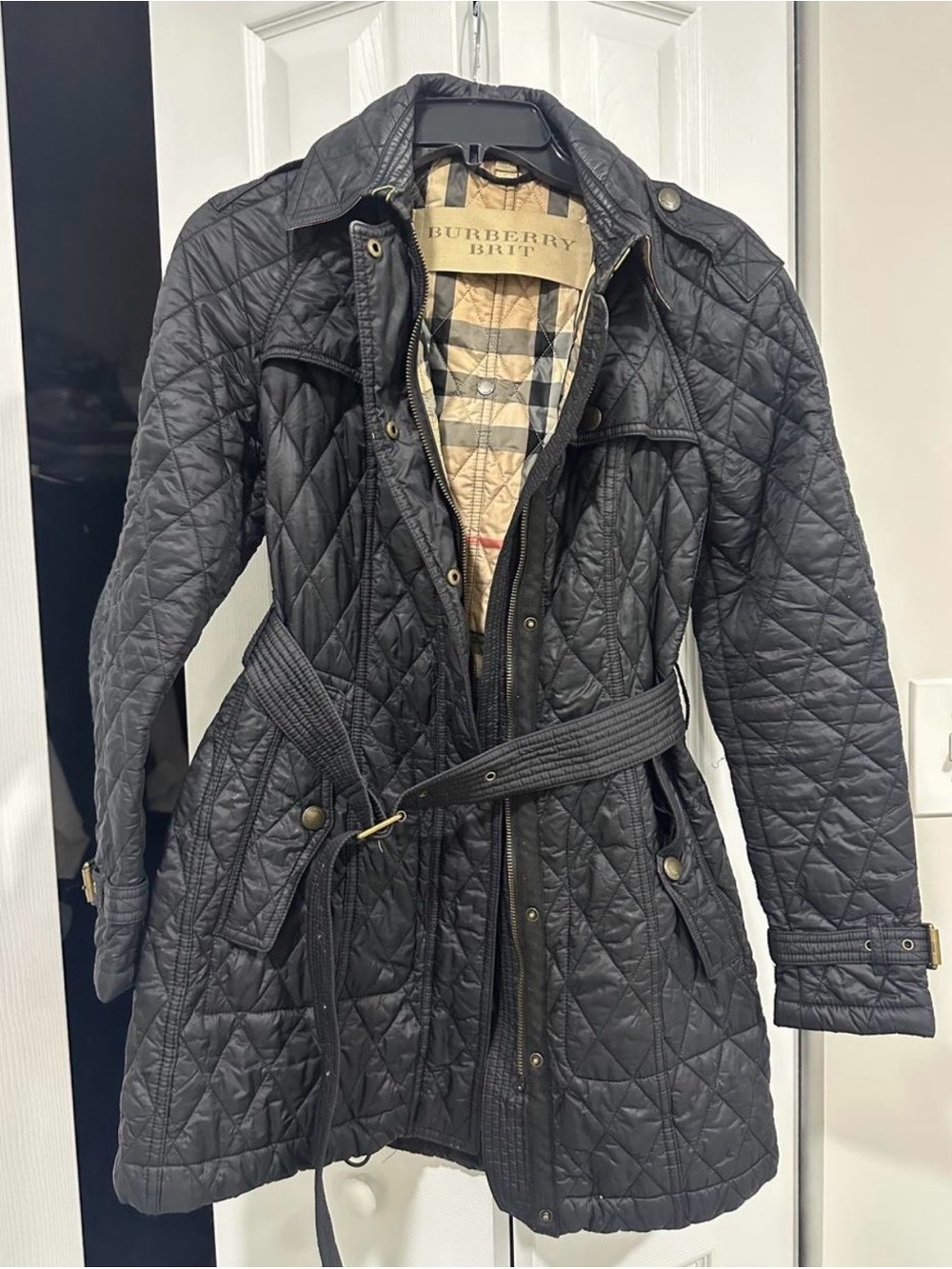 Burberry Black Quilted Belted Trench Coat Size Small Petite